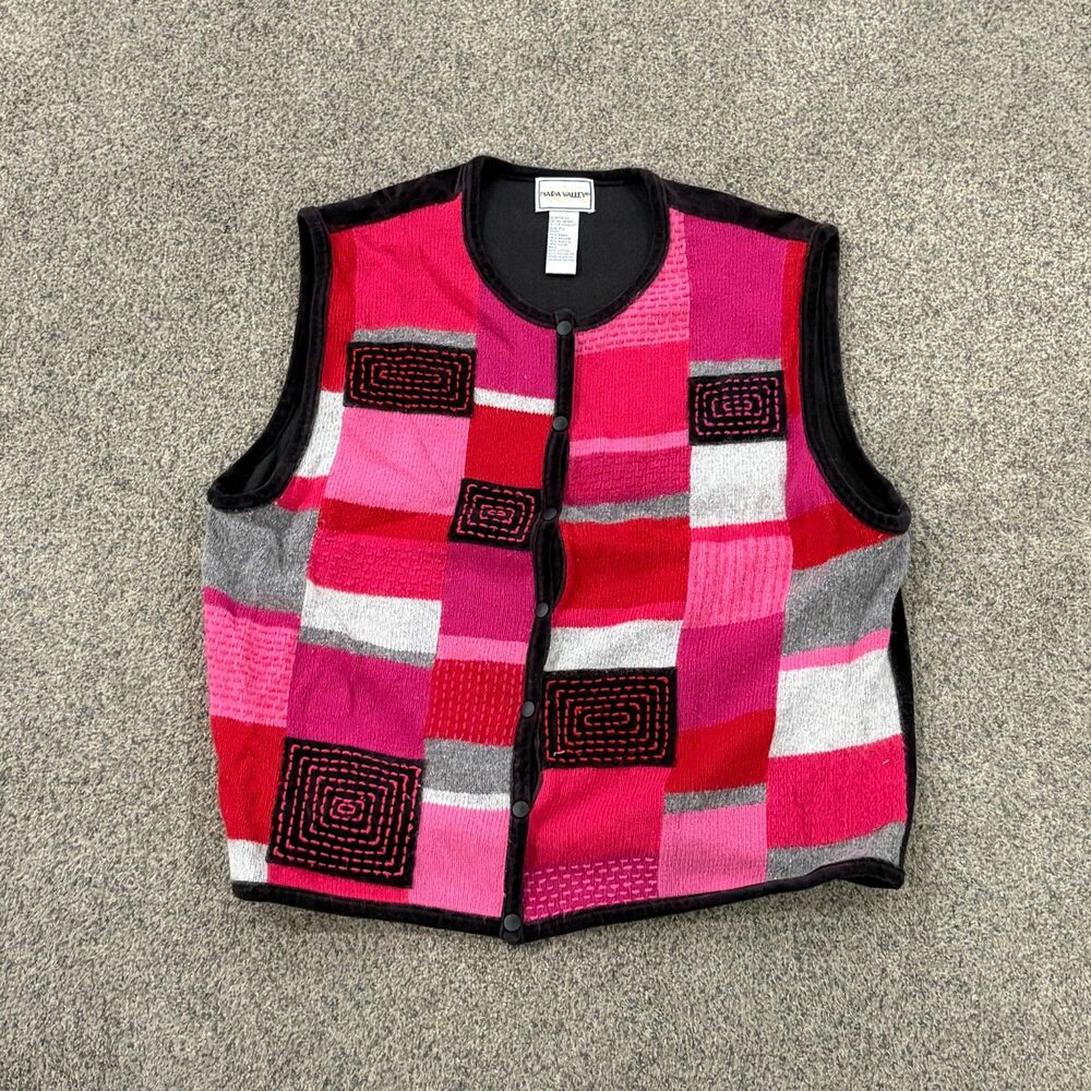 Vintage 80s 90s Napa Valley Patchwork Sweater Vest Women's Size XL Pink Black